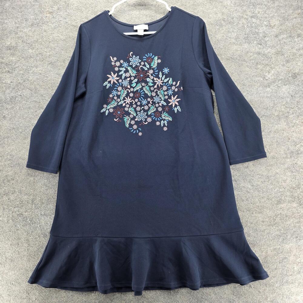 LOFT Outlet Dress Womens Medium Navy Floral Embroidered Ruffle Hem 3/4 Sleeve